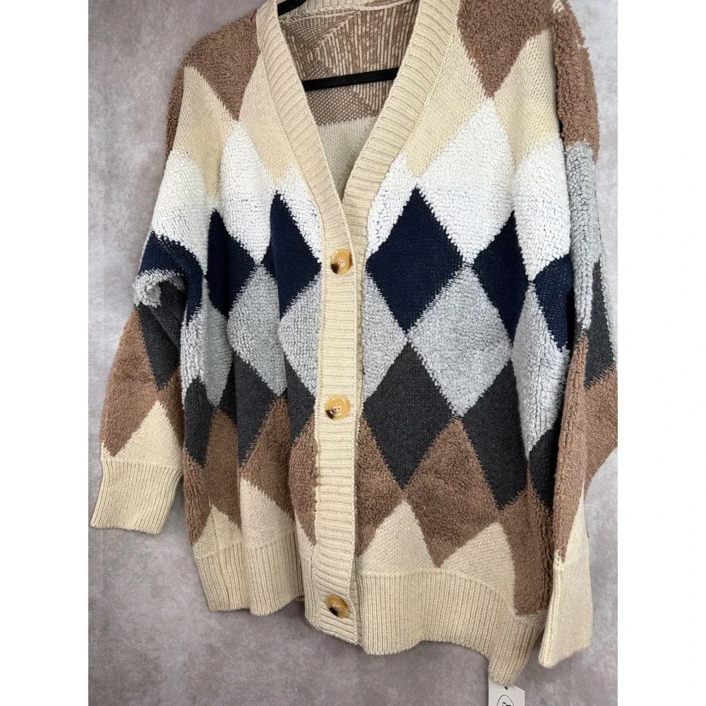 NWT Cider Cardigan Women Medium Multicolor Argyle Oversized Fuzzy V-Neck
